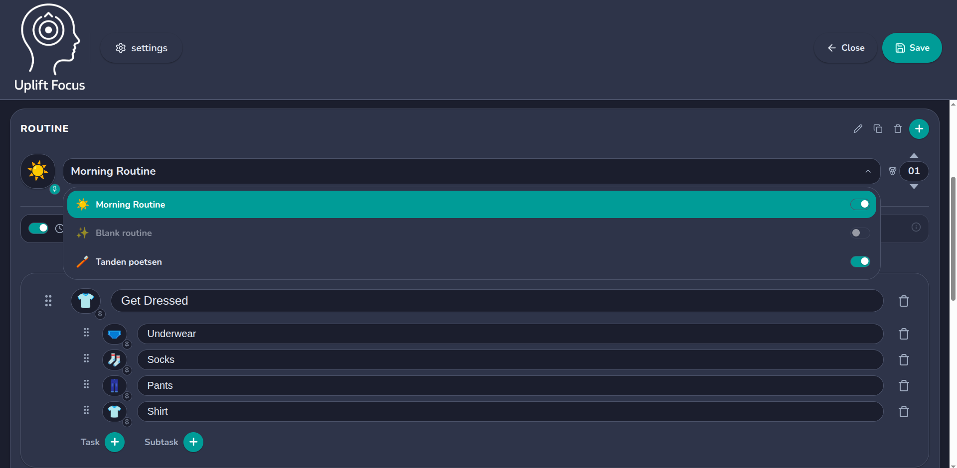 UpliftFocus App - Parent Configuration View